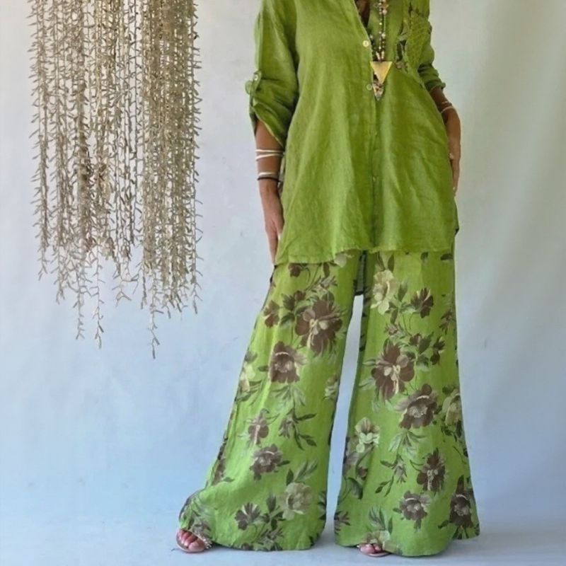 Conjunto Chloe™ com Camisa Abotoada e Calça Ampla de Caimento Leve