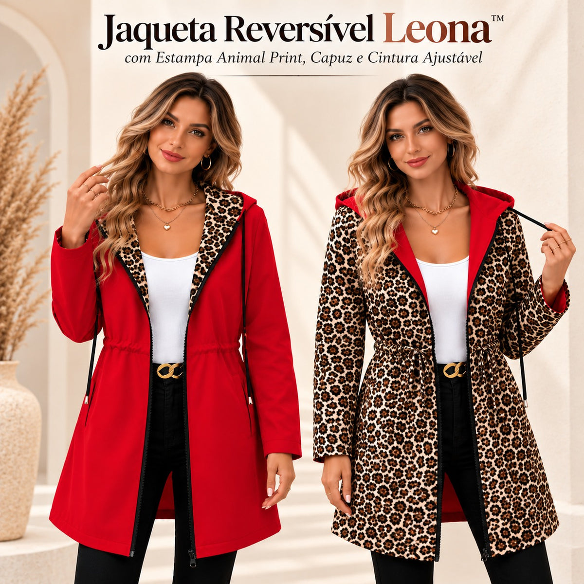 Jaqueta Reversível Leona™ com Estampa Animal Print, Capuz e Cintura Ajustável