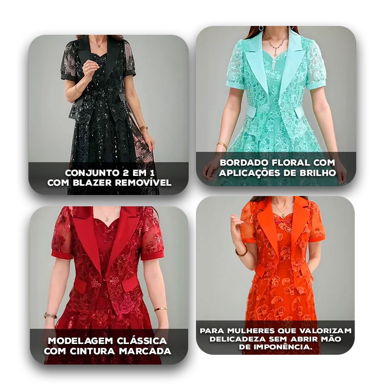 Vestido Clara Belle™ com Blazer Removível e Rendas Florais / Delicadeza Luxuosa em Cada Detalhe!