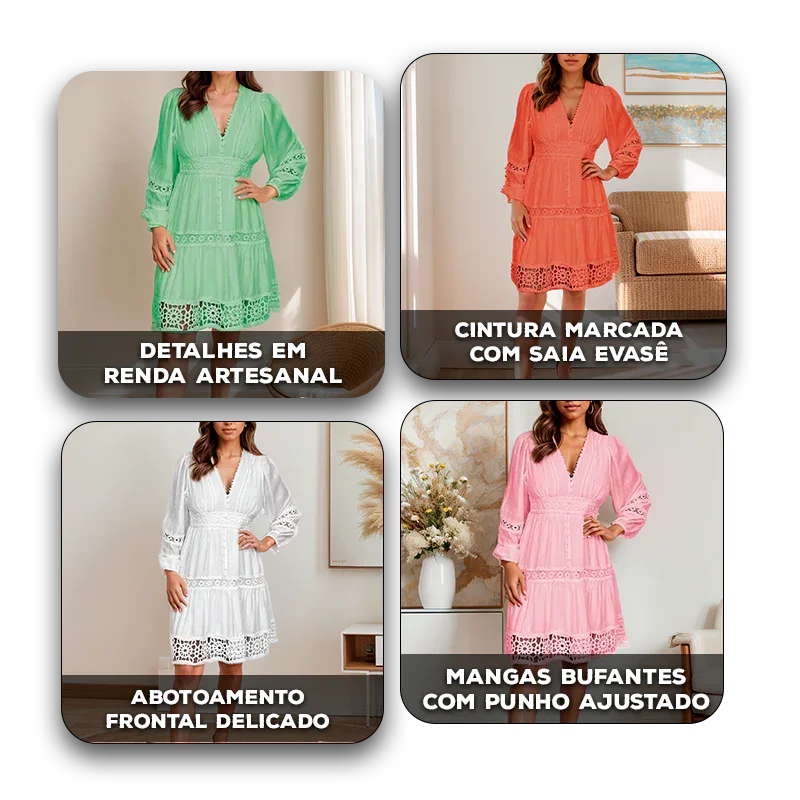 Vestido Elina™ com Recortes em Renda e Cintura Marcada / Delicadeza que Floresce com Estilo!