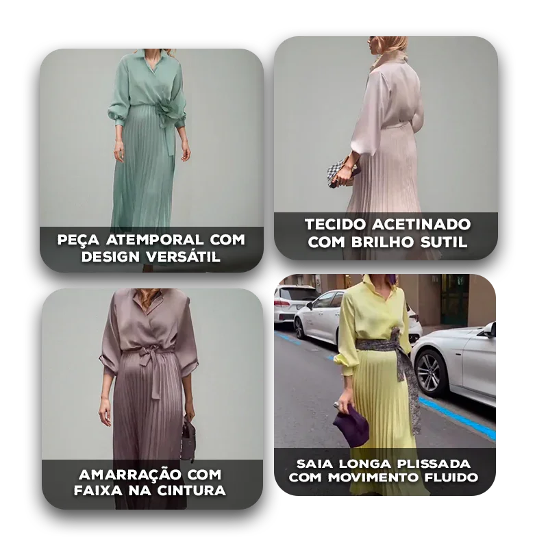 Vestido Lorayne™ em Cetim Plissado  e Gola Chemise / Para Mulheres que Encantam com Sofisticação!