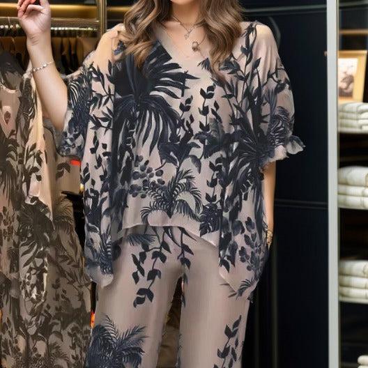 Conjunto PuntaCana™ em Cetim Estampado / Leveza e Sofisticação com Caimento Solto e Estampa Tropical!