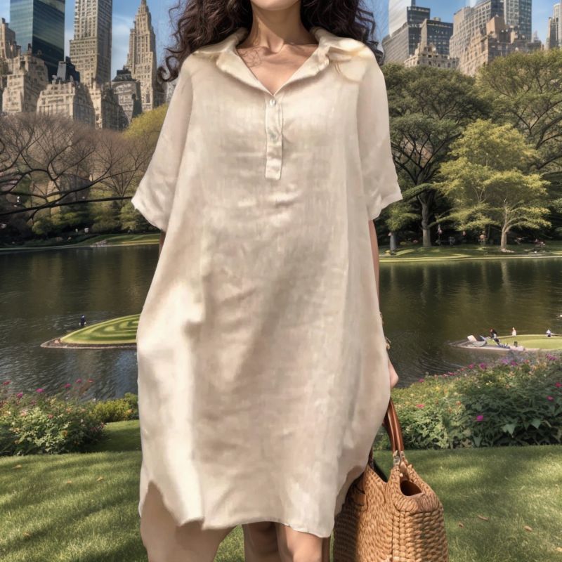 [Compre 1 e Leve 2] Vestido Toscana™ em Linho de Algodão com Modelagem Oversized e Barra Assimétrica / Leveza e Elegância para Todos os Momentos