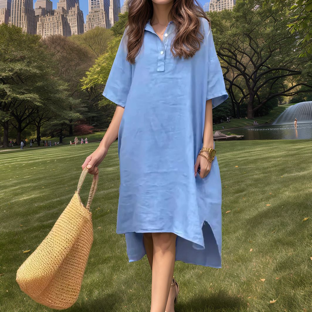 [Compre 1 e Leve 2] Vestido Toscana™ em Linho de Algodão com Modelagem Oversized e Barra Assimétrica / Leveza e Elegância para Todos os Momentos