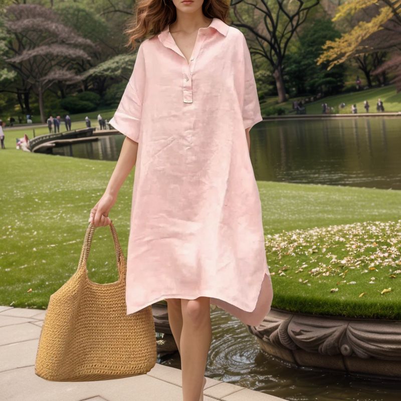 [Compre 1 e Leve 2] Vestido Toscana™ em Linho de Algodão com Modelagem Oversized e Barra Assimétrica / Leveza e Elegância para Todos os Momentos