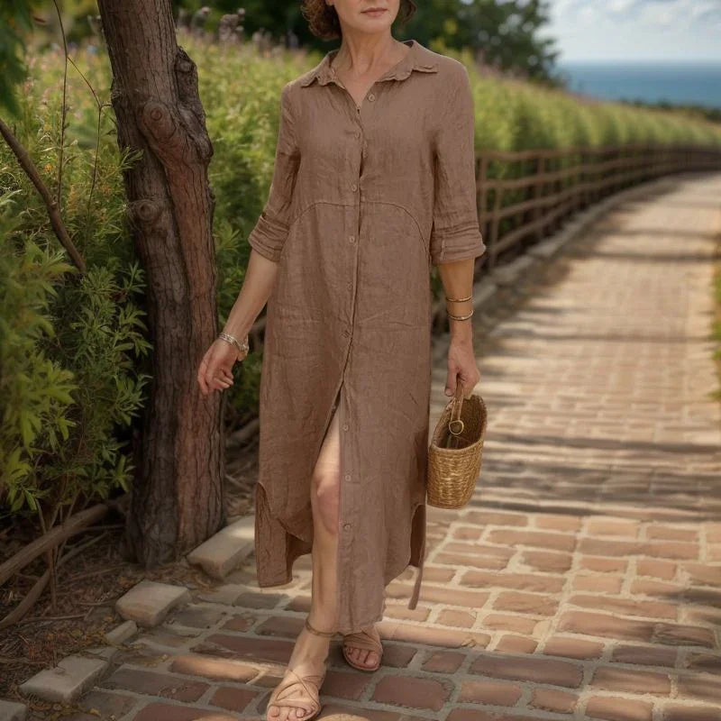 Vestido Camila™ em Linho de Algodão com Botões Frontais e Modelagem Soltinha / Elegância Atemporal e Conforto para Todos os Momentos!