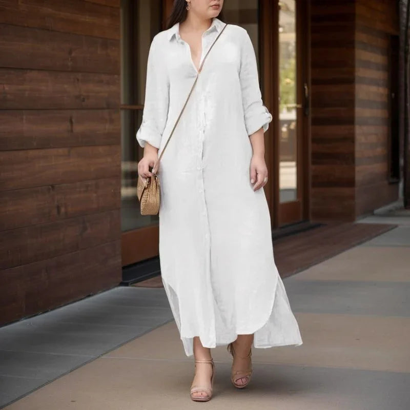Vestido Camila™ em Linho de Algodão com Botões Frontais e Modelagem Soltinha / Elegância Atemporal e Conforto para Todos os Momentos!