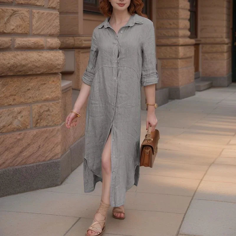 Vestido Camila™ em Linho de Algodão com Botões Frontais e Modelagem Soltinha / Elegância Atemporal e Conforto para Todos os Momentos!