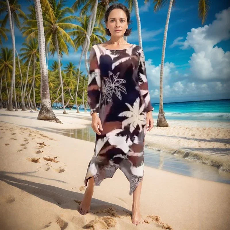 Vestido Maragogi™ em Popelina com Estampa Tropical e Barra Assimétrica / A Elegância Natural do Brasil em Cada Movimento!