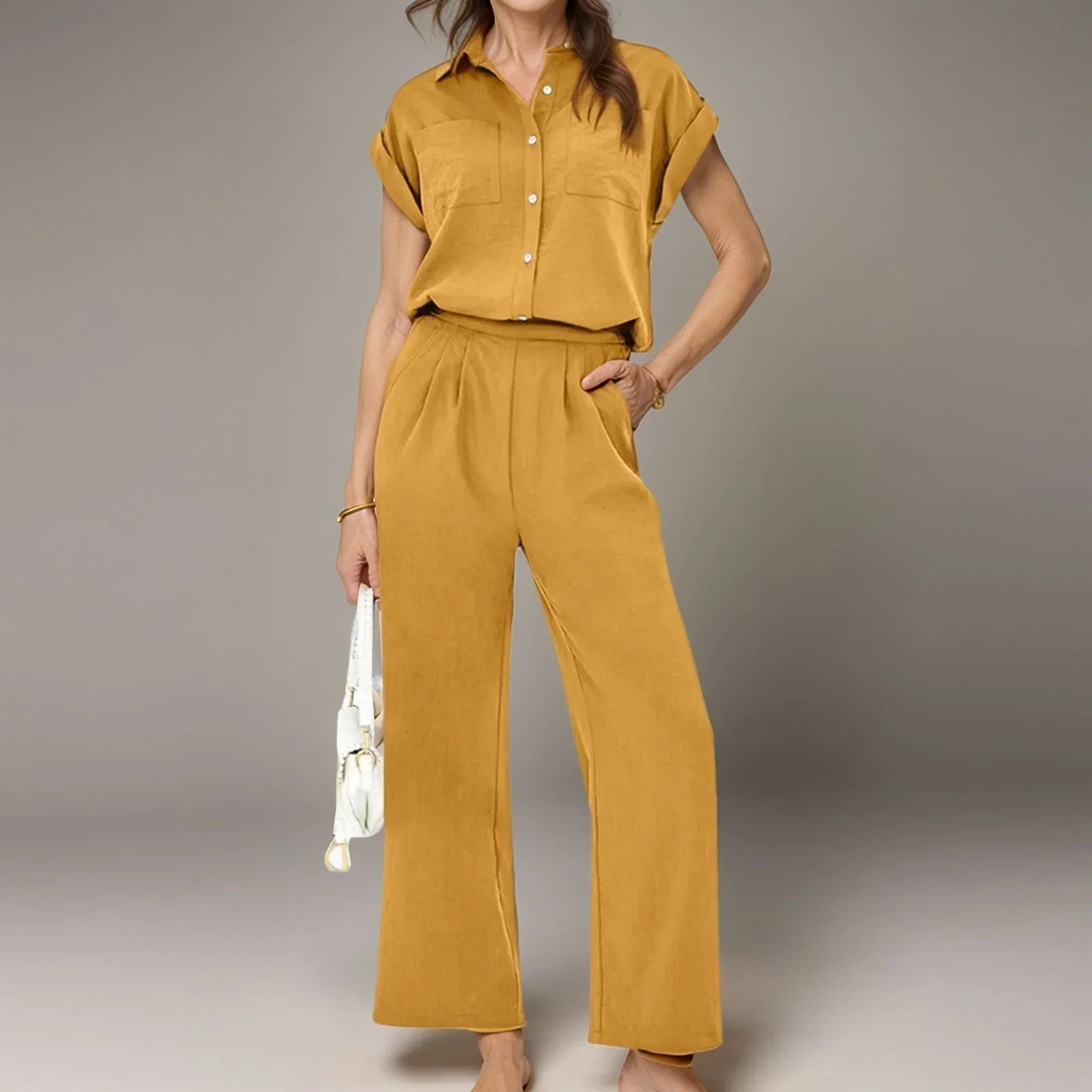 Conjunto Lorenza™ em Linho de Algodão com Cintura Elástica e Camisa Leve / Conforto Sofisticado para o Seu Dia a Dia!