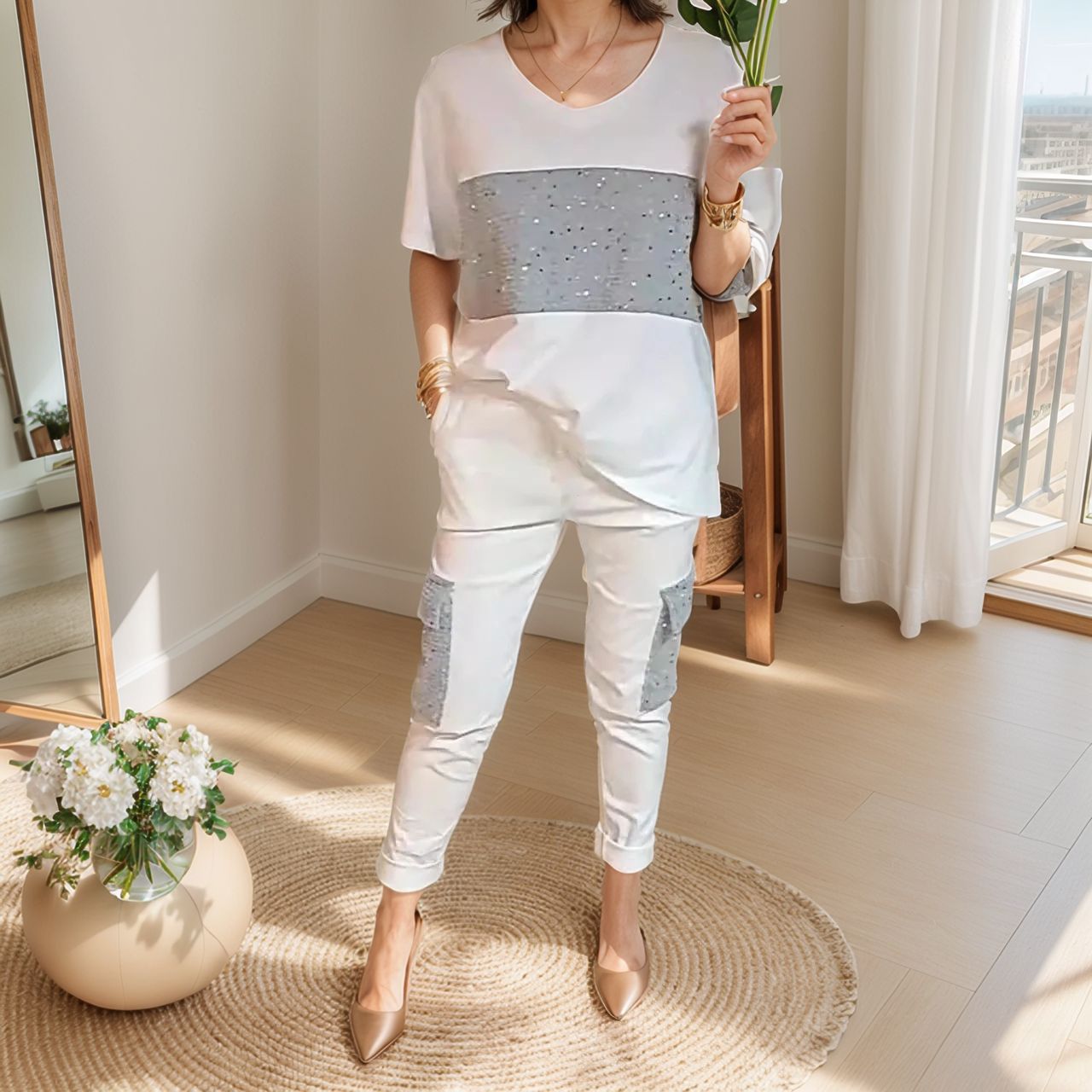 Conjunto Evelize™ em Popelina Leve com Aplicações de Brilho / Estilo Moderno com Toque de Glamour!