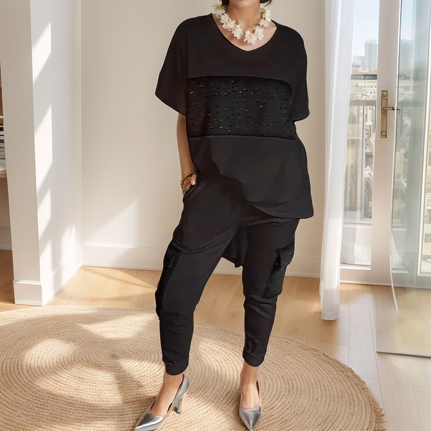 Conjunto Evelize™ em Popelina Leve com Aplicações de Brilho / Estilo Moderno com Toque de Glamour!