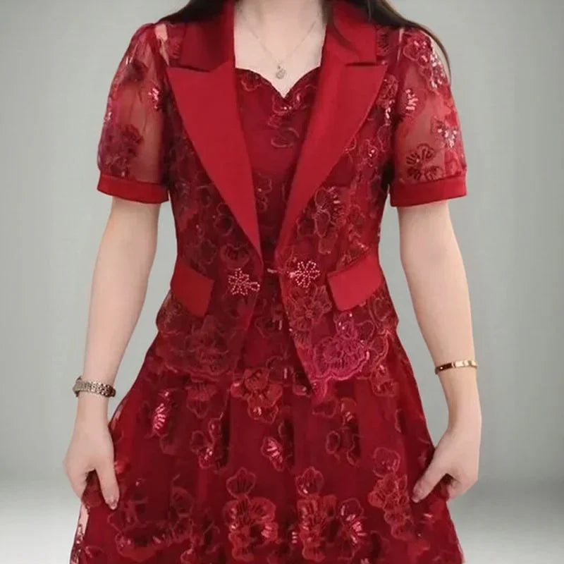 Vestido Clara Belle™ com Blazer Removível e Rendas Florais / Delicadeza Luxuosa em Cada Detalhe!