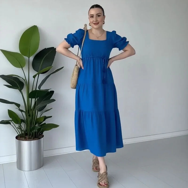 Vestido Elena D’Amore™ em Viscose Texturizada com Mangas Bufantes / Leveza, Charme e Feminilidade em Cada Movimento