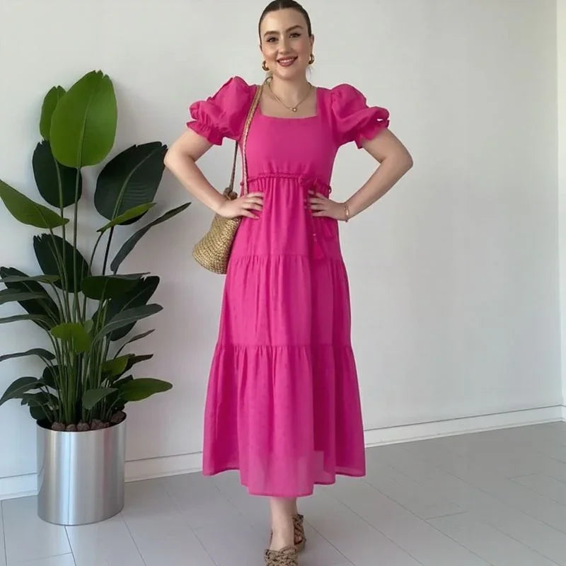 Vestido Elena D’Amore™ em Viscose Texturizada com Mangas Bufantes / Leveza, Charme e Feminilidade em Cada Movimento