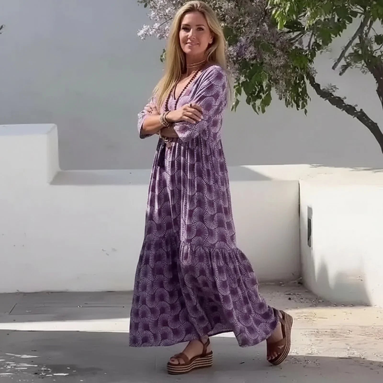 Vestido Maresa Palma™ com Estampa Boho Chique em Roxo / Leveza e Personalidade em Cada Passo!