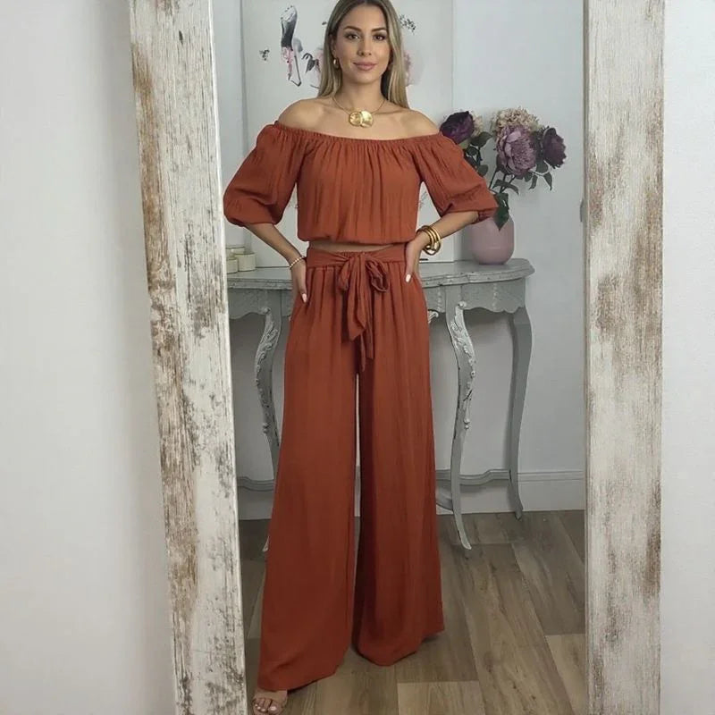 Conjunto Esther™ em Viscose Texturizada com Top Ombro a Ombro e Calça Soltinha / Elegância Descomplicada que Acompanha Seu Ritmo!