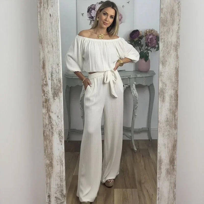 Conjunto Esther™ em Viscose Texturizada com Top Ombro a Ombro e Calça Soltinha / Elegância Descomplicada que Acompanha Seu Ritmo!