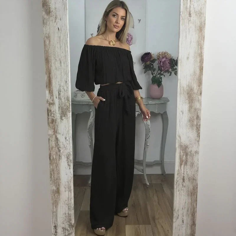 Conjunto Esther™ em Viscose Texturizada com Top Ombro a Ombro e Calça Soltinha / Elegância Descomplicada que Acompanha Seu Ritmo!