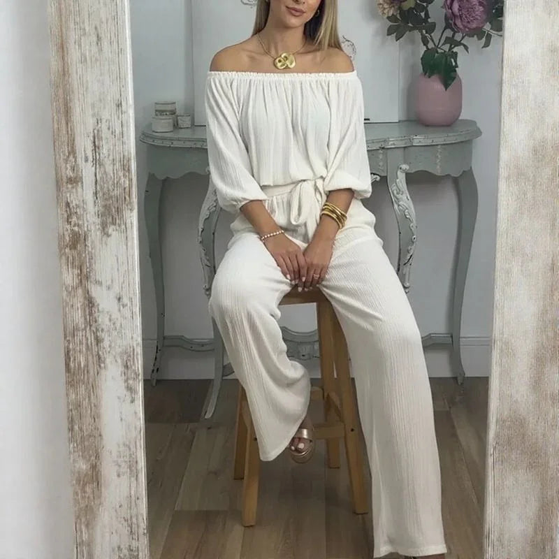 Conjunto Esther™ em Viscose Texturizada com Top Ombro a Ombro e Calça Soltinha / Elegância Descomplicada que Acompanha Seu Ritmo!