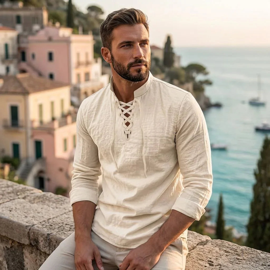 Camisa Masculina Amalfi™ em Linho de Algodão com Amarração Ajustável