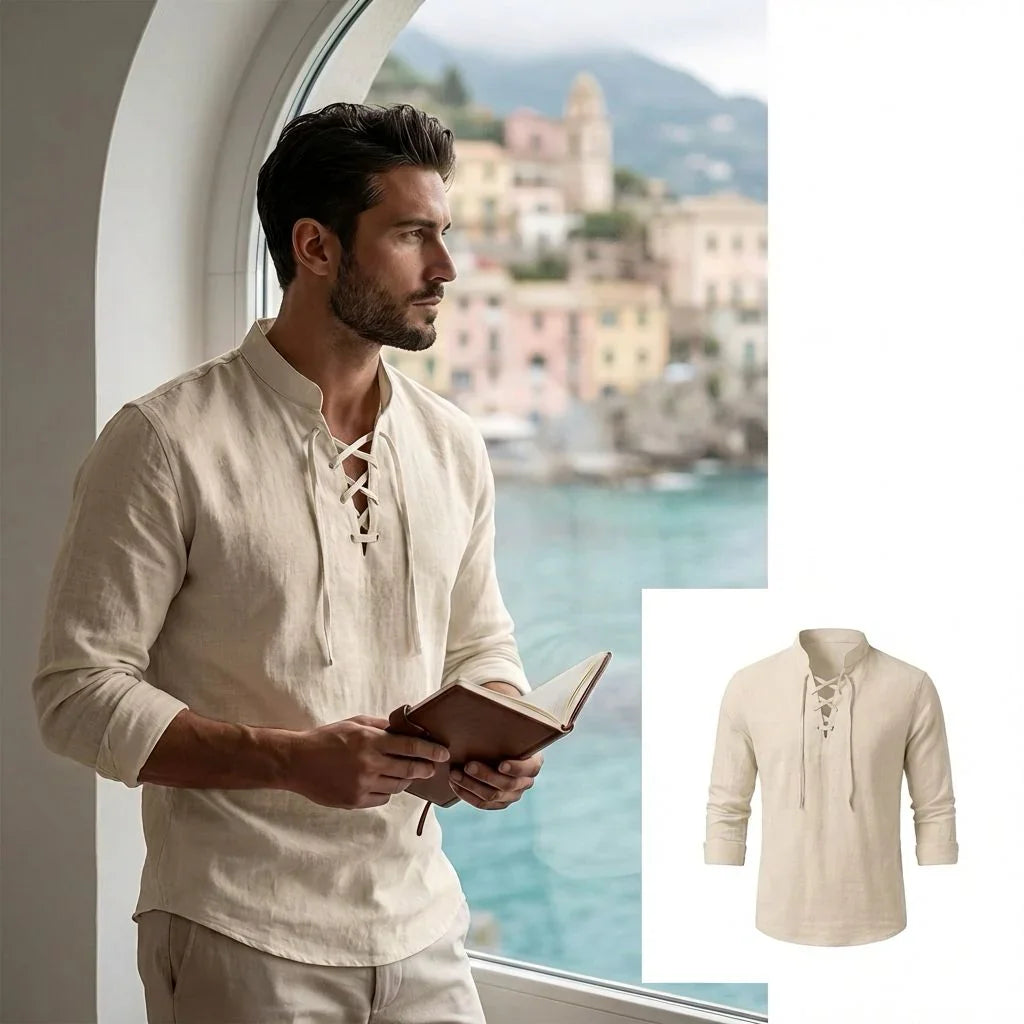 Camisa Masculina Amalfi™ em Linho de Algodão com Amarração Ajustável