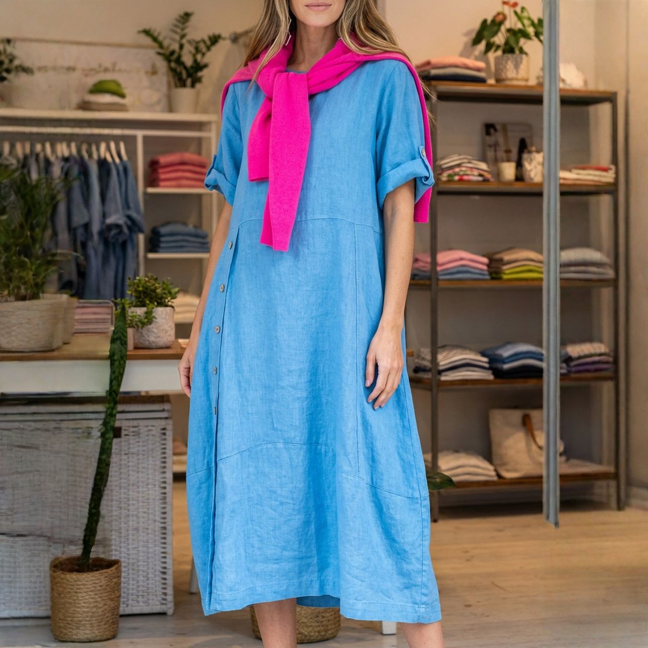 Vestido Aurores™ em Linho de Algodão com Fenda Lateral / Envolva-se na Elegância Minimalista que Somente Este Vestido Proporciona!!