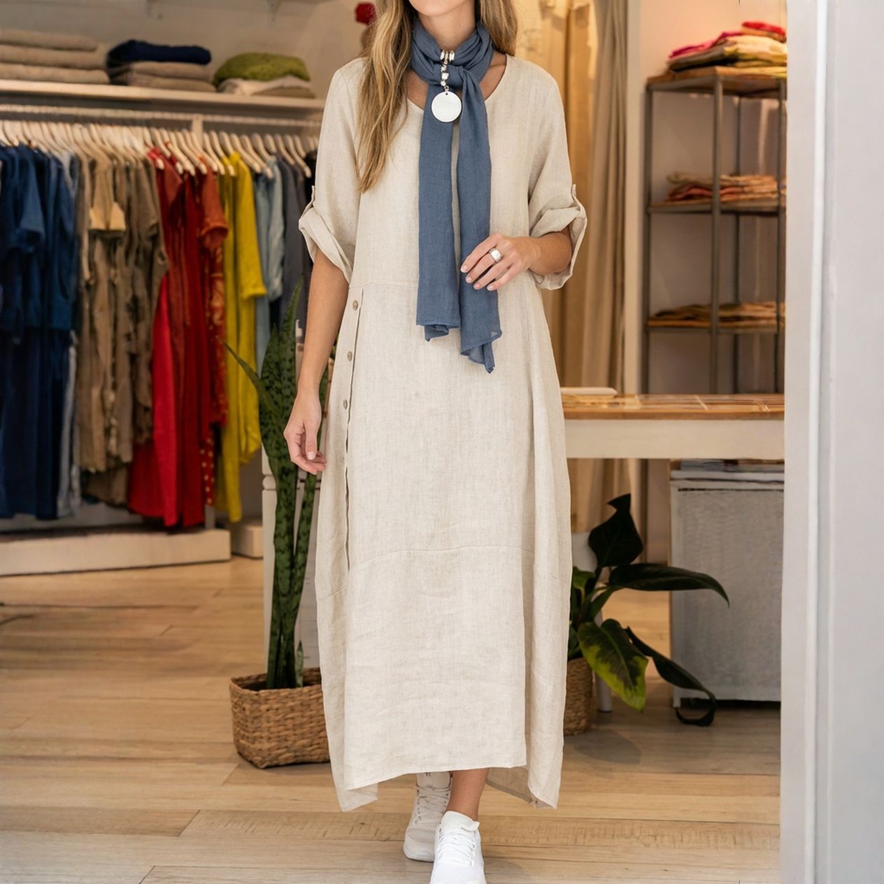 Vestido Aurores™ em Linho de Algodão com Fenda Lateral / Envolva-se na Elegância Minimalista que Somente Este Vestido Proporciona!!