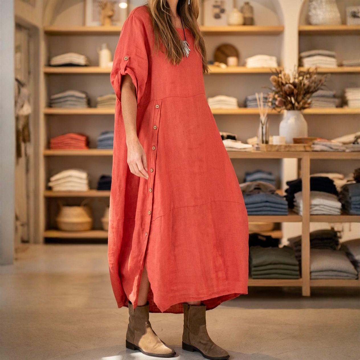 Vestido Aurores™ em Linho de Algodão com Fenda Lateral / Envolva-se na Elegância Minimalista que Somente Este Vestido Proporciona!!