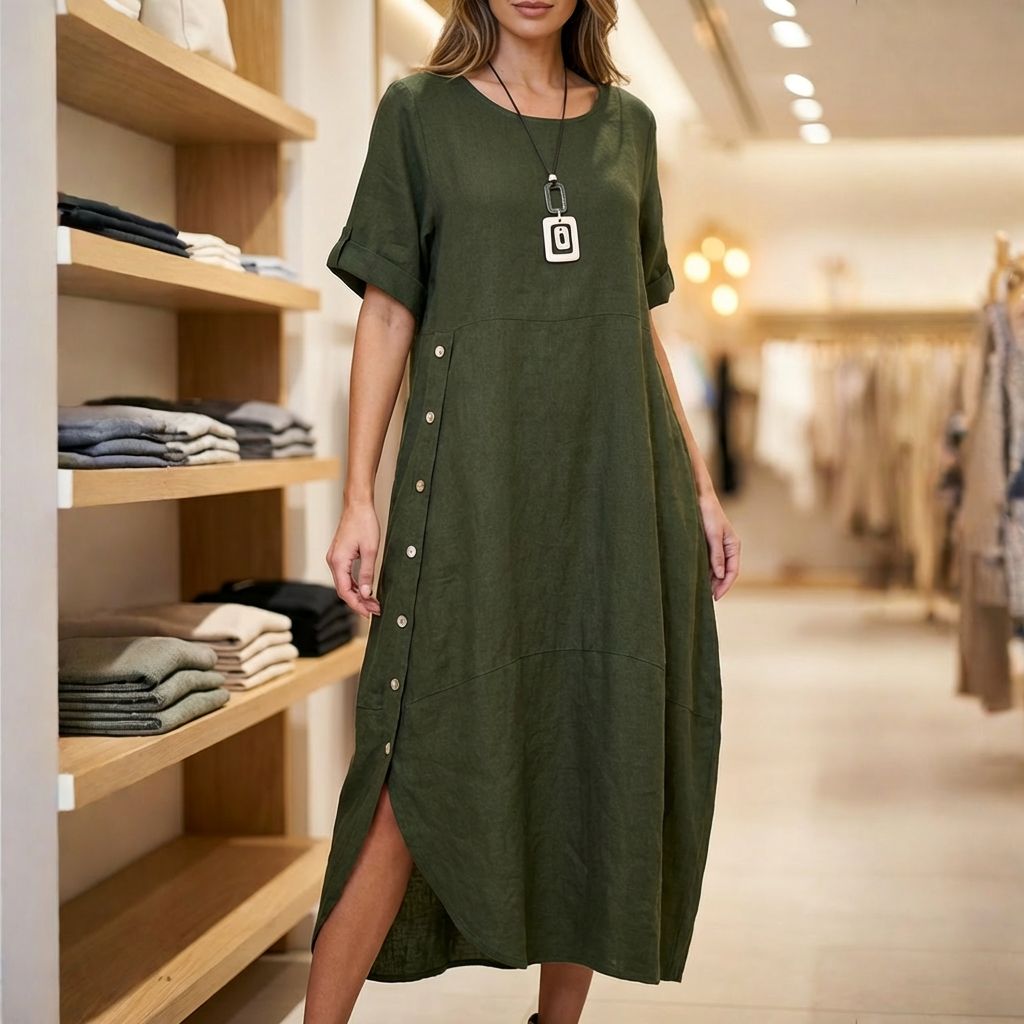 Vestido Aurores™ em Linho de Algodão com Fenda Lateral / Envolva-se na Elegância Minimalista que Somente Este Vestido Proporciona!!