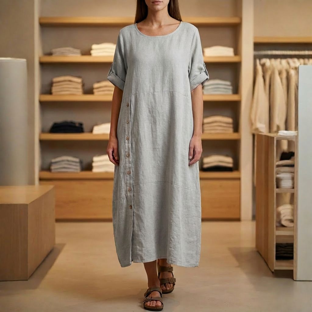 Vestido Aurores™ em Linho de Algodão com Fenda Lateral / Envolva-se na Elegância Minimalista que Somente Este Vestido Proporciona!!