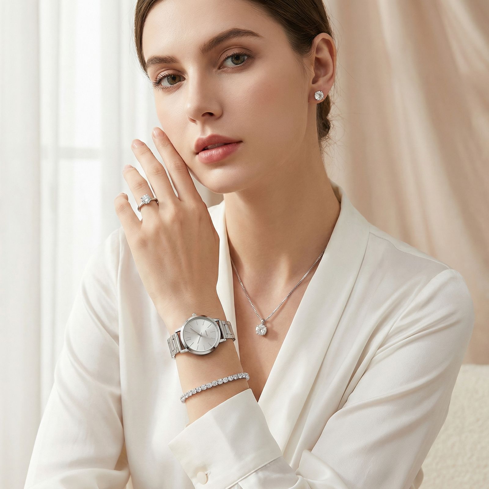 Conjunto Majestade™ Coleção Luxo Prateado com 5 Peças Relógio e Joias