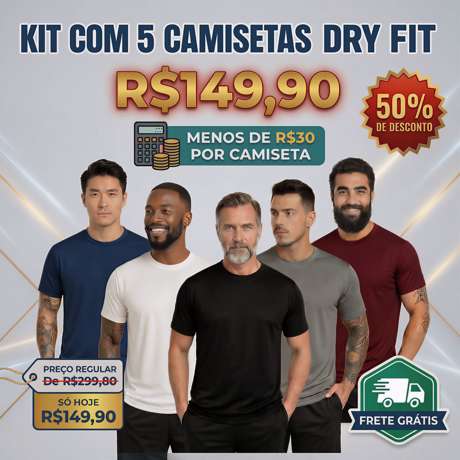Kit 5 Camisetas Performance Pro™ em Dry-Fit com Secagem Rápida / Conforto, Leveza e Alto Desempenho!