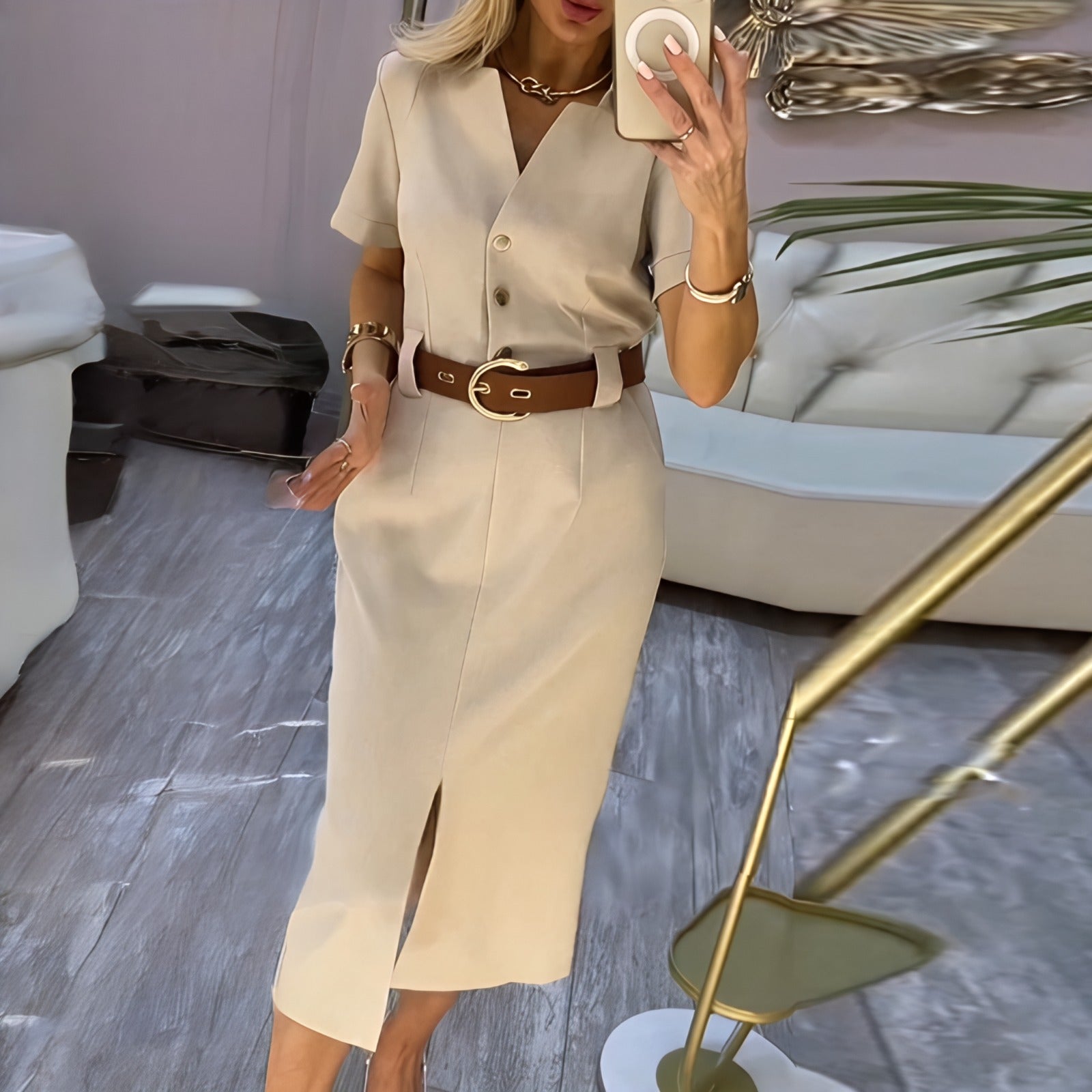 Vestido Maitê™ Chemise Midi com Fenda Frontal Elegante