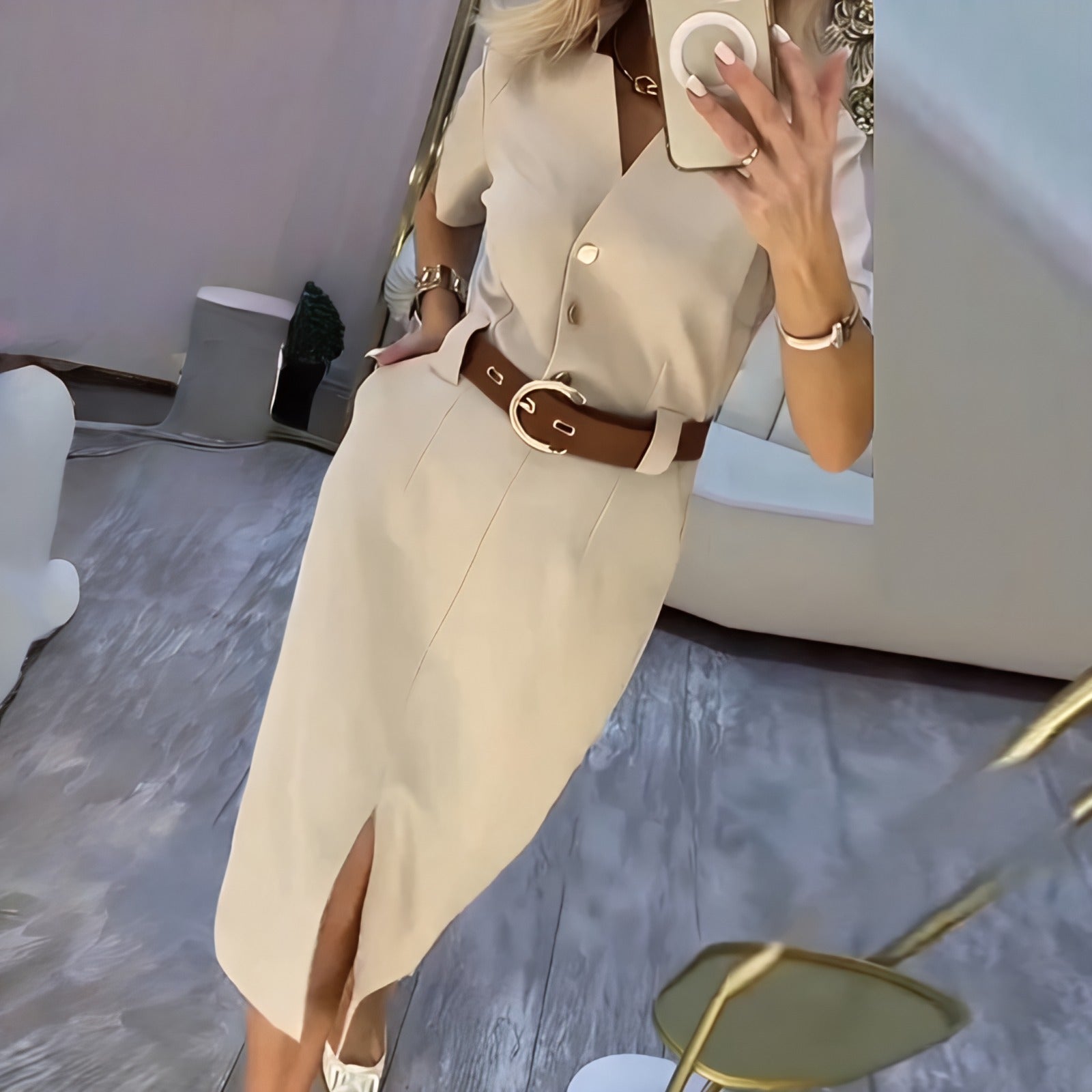 Vestido Maitê™ Chemise Midi com Fenda Frontal Elegante