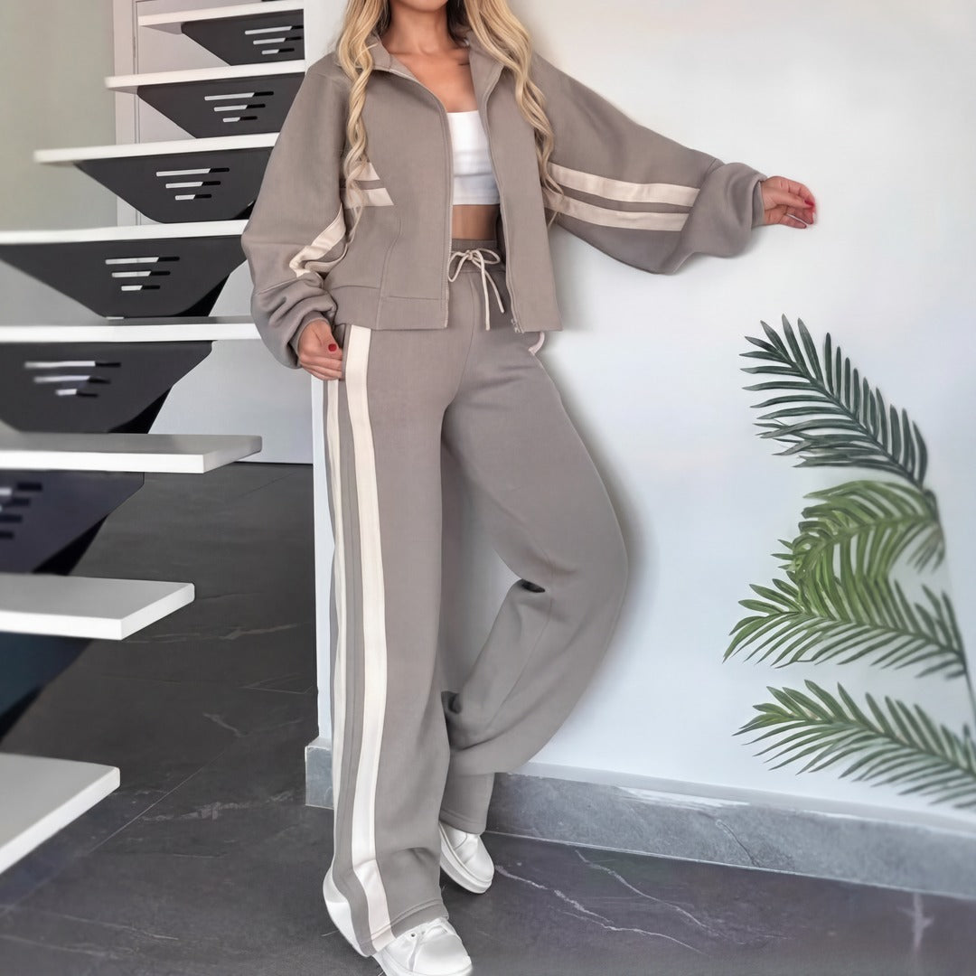 Conjunto Angelina™ com Jaqueta de Gola Alta e Listras Modernas