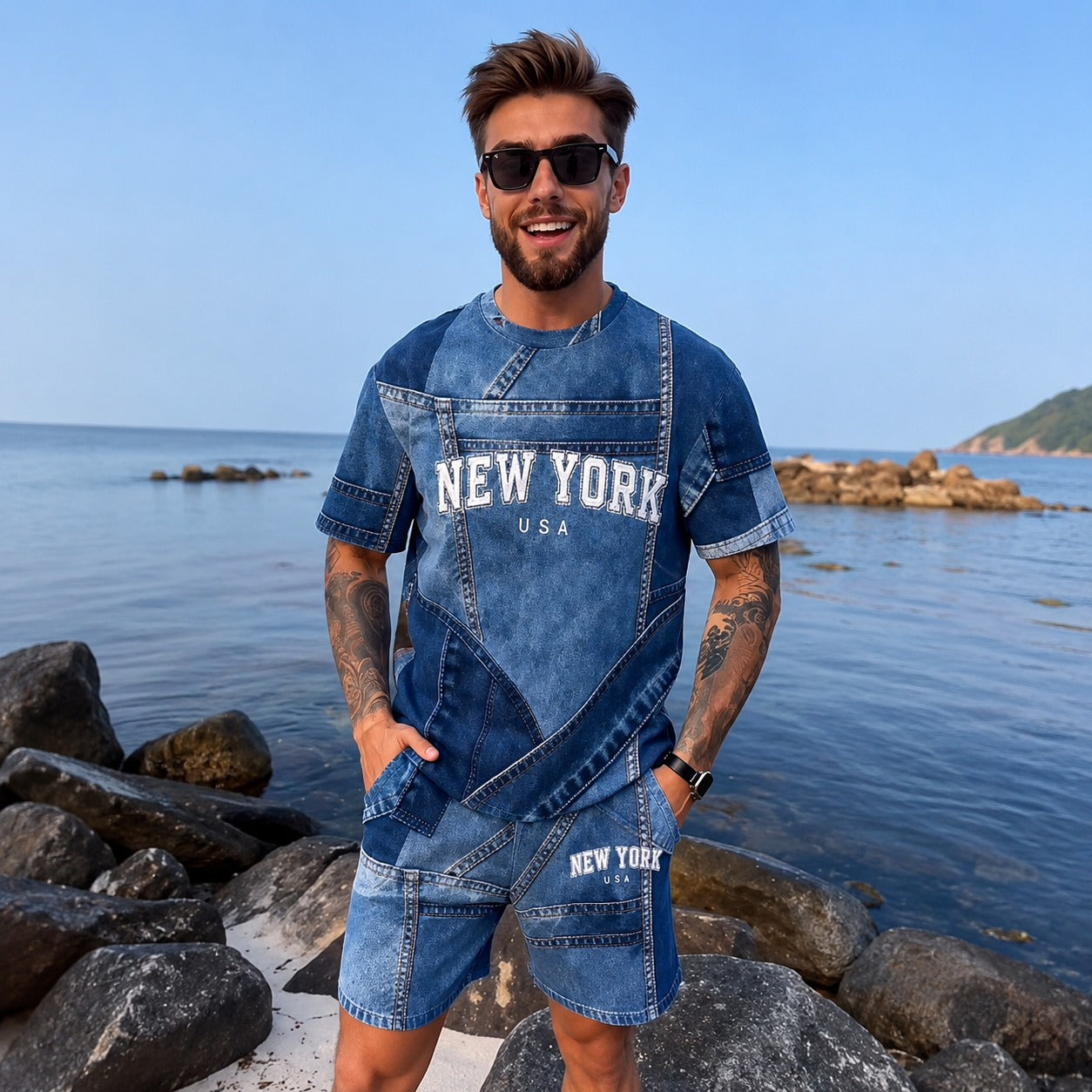 Conjunto Dominic™ Padrão Denim com Camiseta Manga Curta