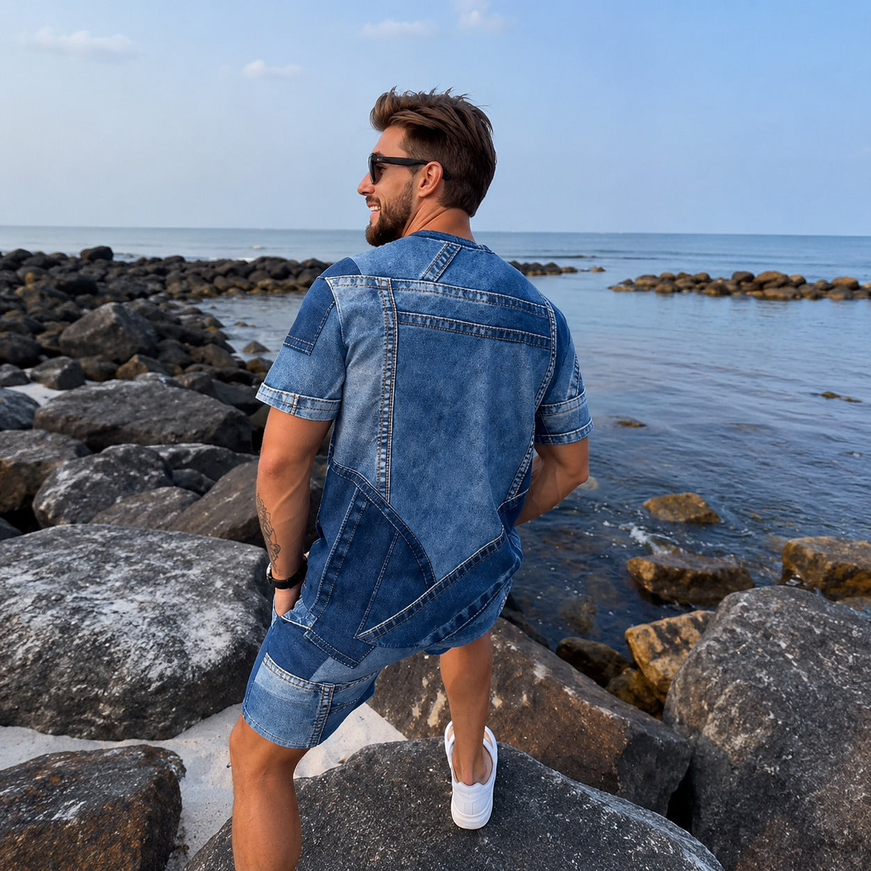 Conjunto Dominic™ Padrão Denim com Camiseta Manga Curta