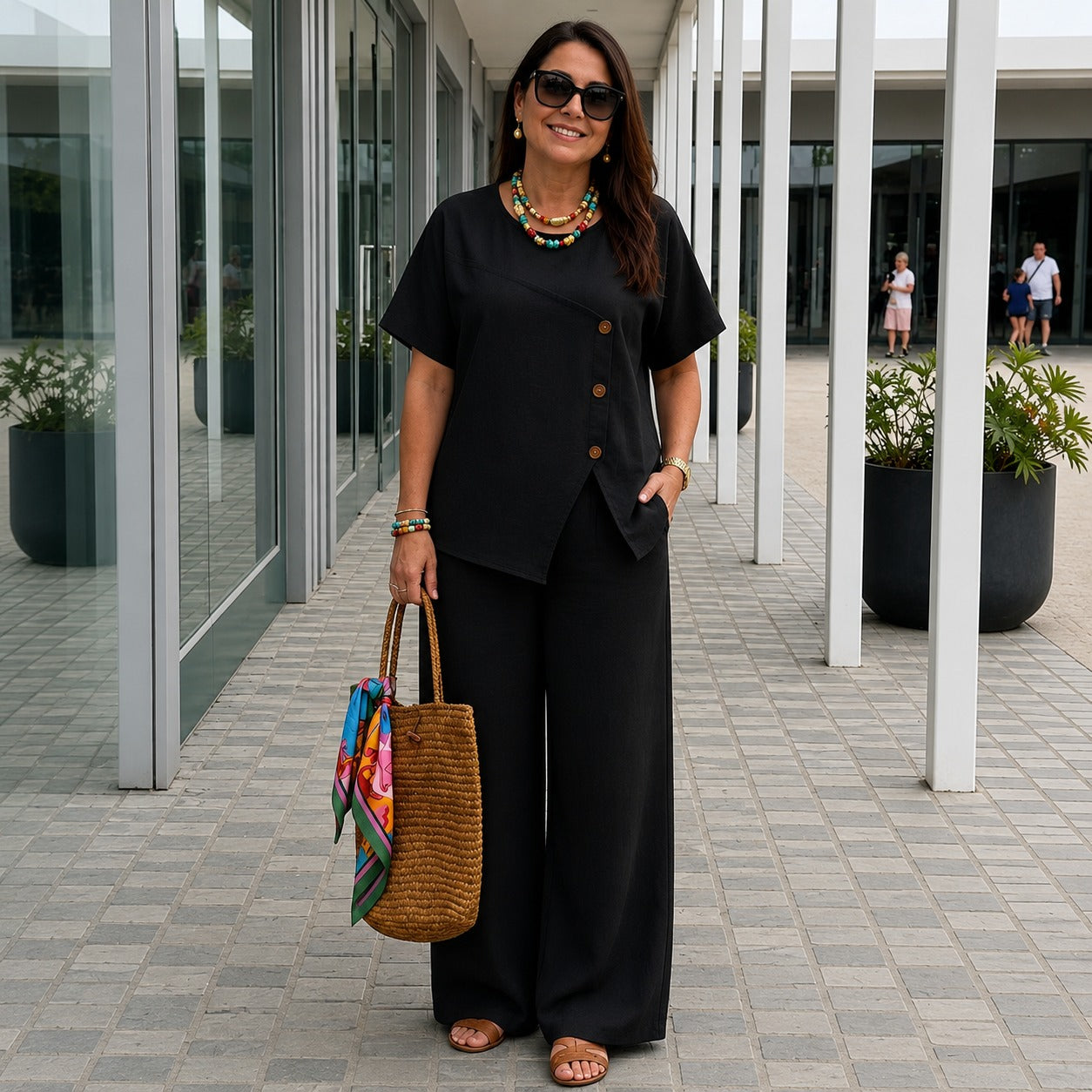 Conjunto Savena™ com Blusa de Design Assimétrico e Botões Frontais, Calça Pantalona de Cintura Alta