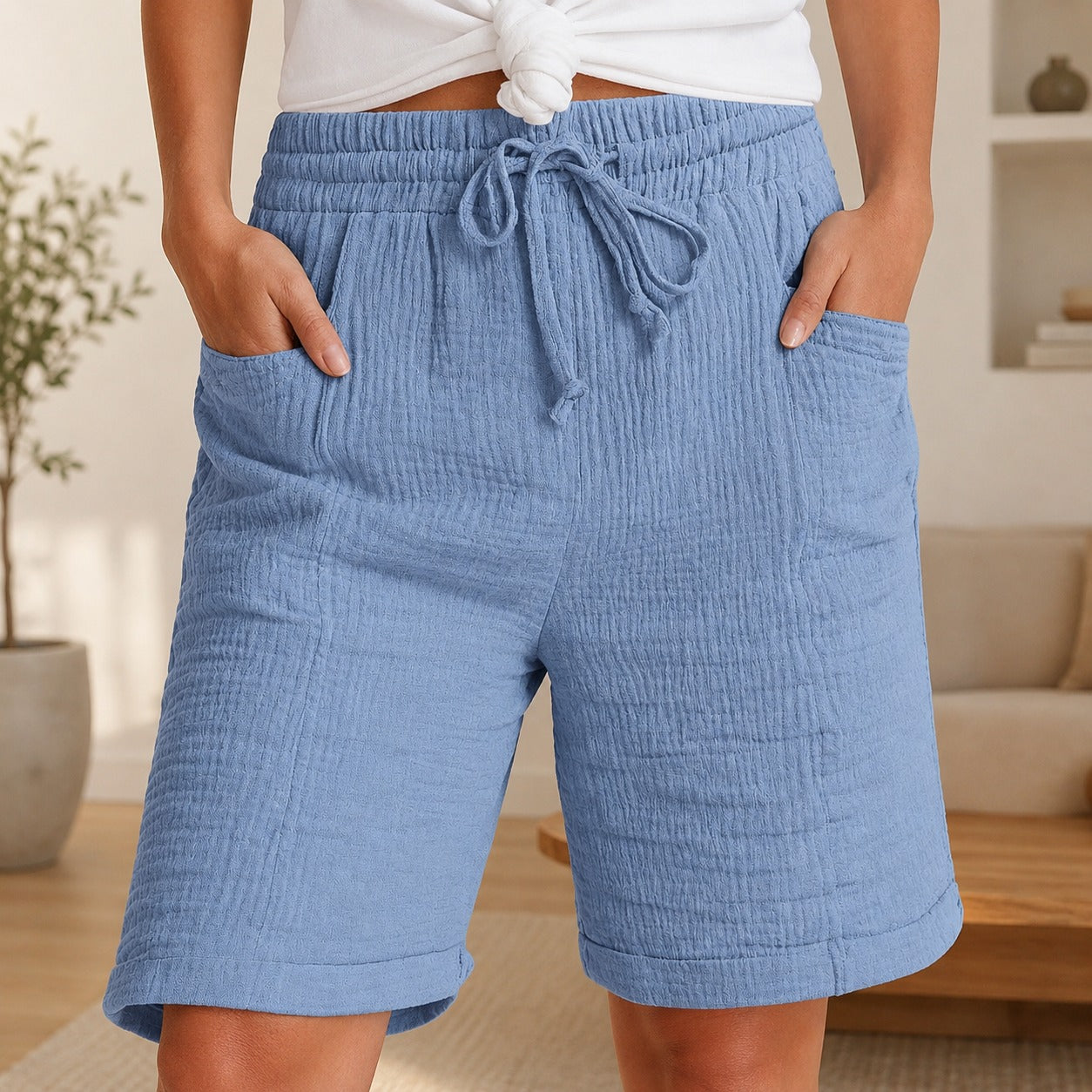Shorts Estela™ em Algodão Respirável Plissado com Cintura Alta / Conforto Leve Para Os Dias Quentes