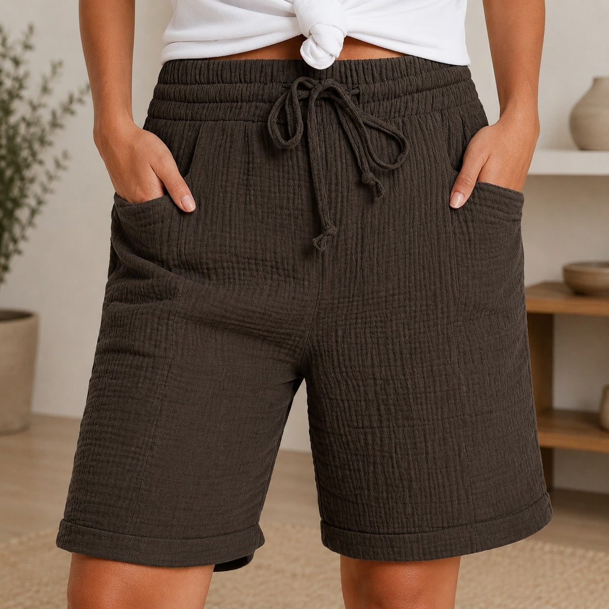 Shorts Estela™ em Algodão Respirável Plissado com Cintura Alta / Conforto Leve Para Os Dias Quentes