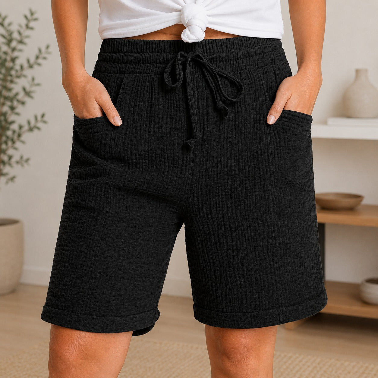 Shorts Estela™ em Algodão Respirável Plissado com Cintura Alta / Conforto Leve Para Os Dias Quentes