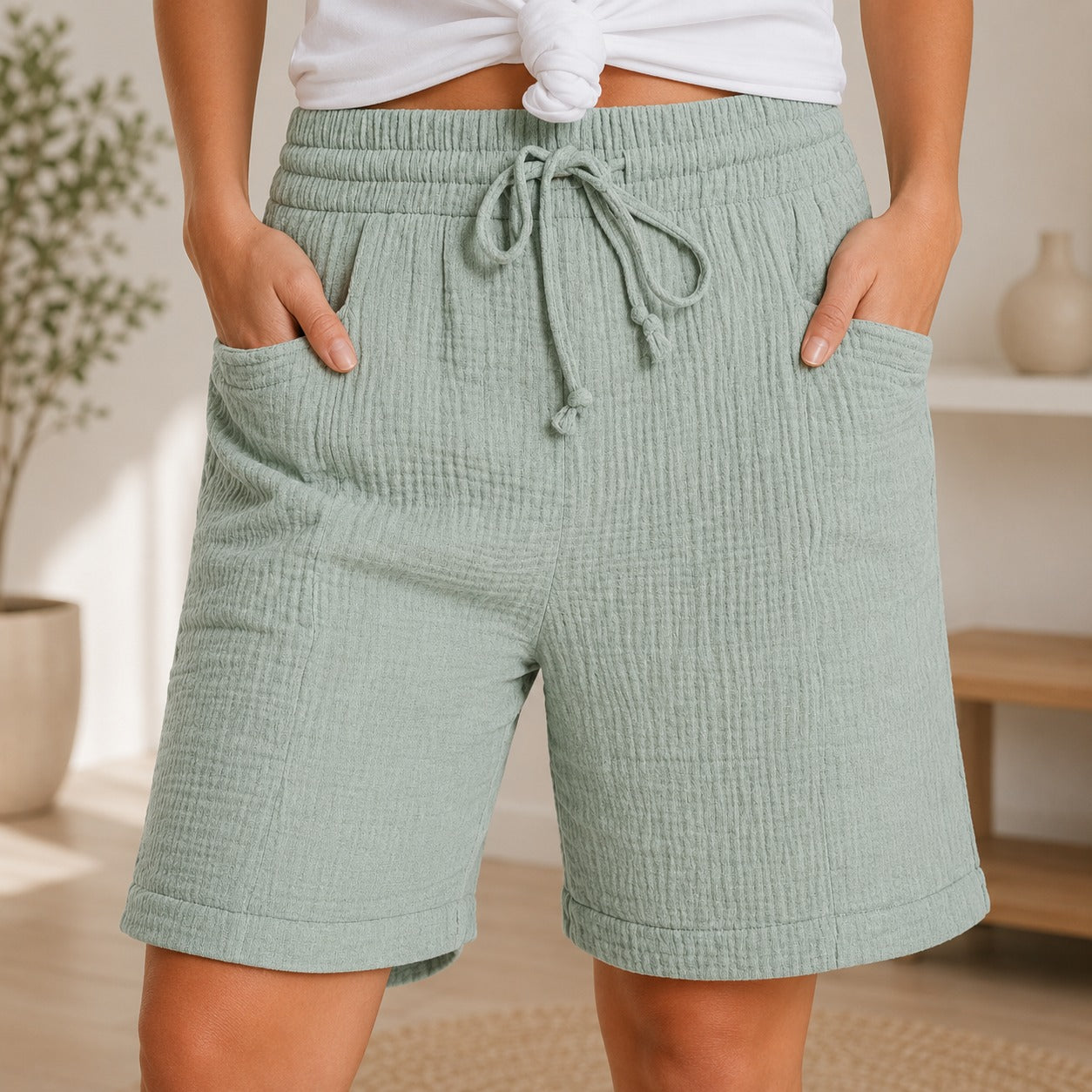 Shorts Estela™ em Algodão Respirável Plissado com Cintura Alta / Conforto Leve Para Os Dias Quentes