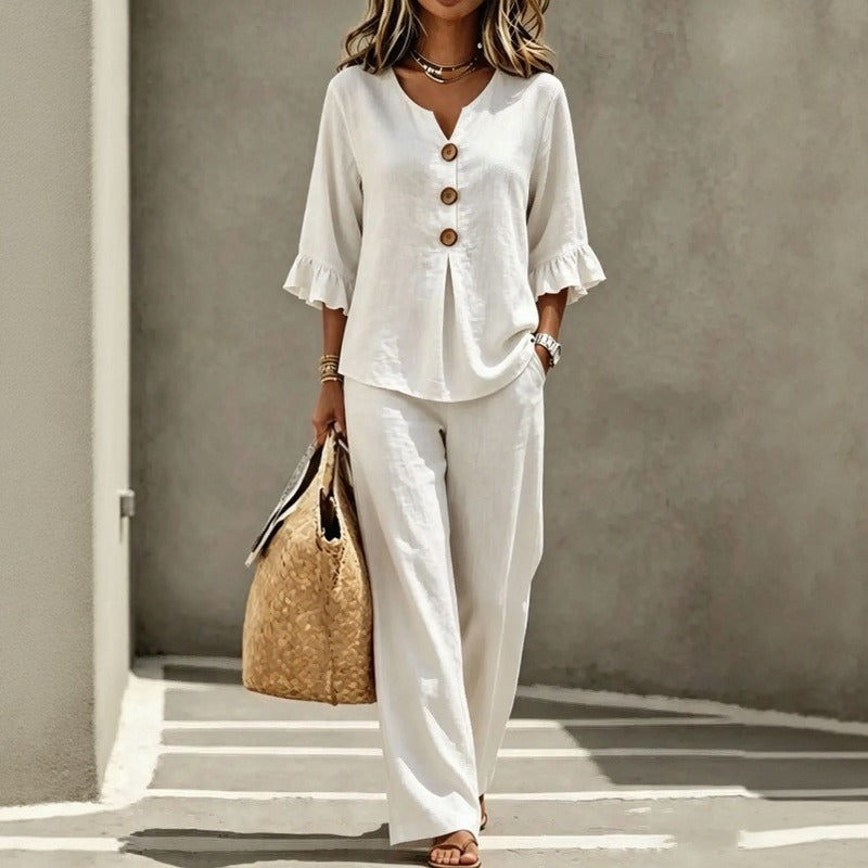 Conjunto Carmelle™ Com Camisa De Botões, Mangas Com Babados E Calça Pantalona / Leveza Sofisticada Para Dias Quentes