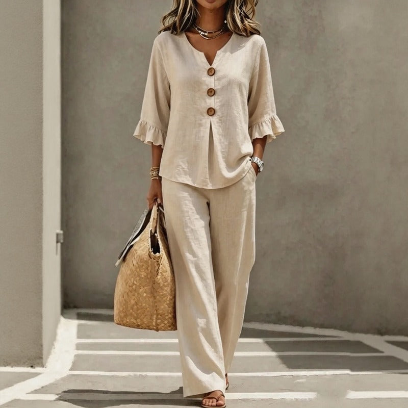Conjunto Carmelle™ Com Camisa De Botões, Mangas Com Babados E Calça Pantalona / Leveza Sofisticada Para Dias Quentes