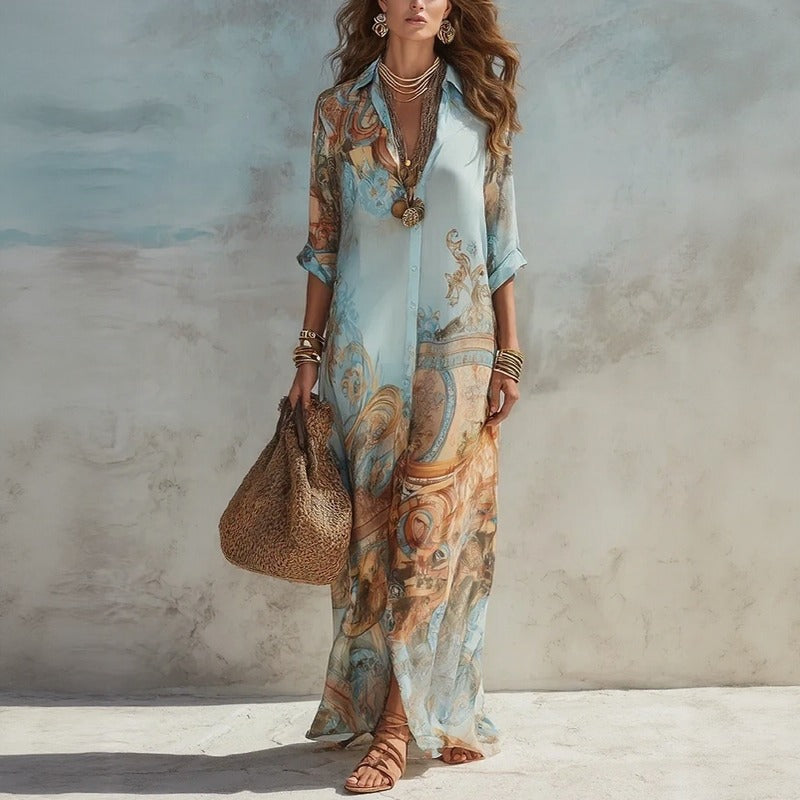 Vestido Doravie™ Chemise Longo Com Estampa Ornamental / Movimento Refinado A Cada Passo Do Seu Dia