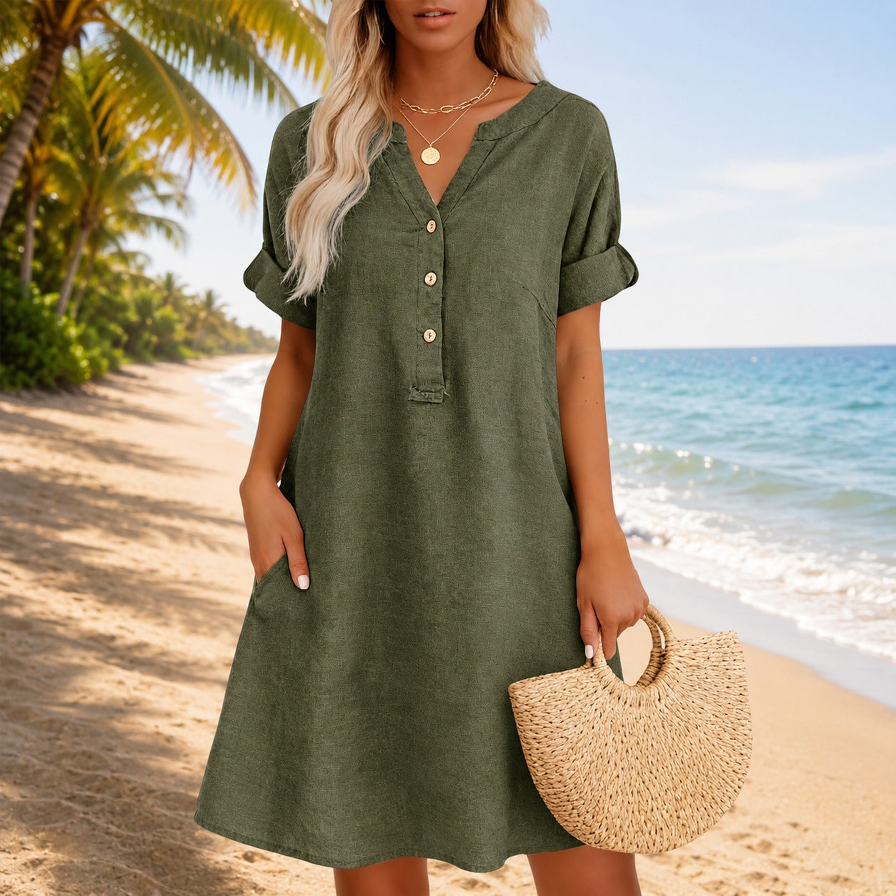 Vestido Ester™ com Decote V, Botões Frontais e Bolsos Laterais