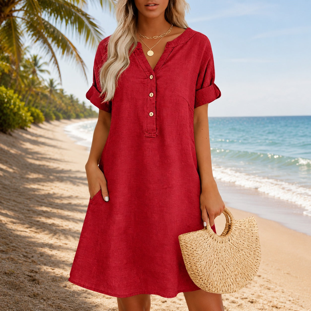 Vestido Ester™ com Decote V, Botões Frontais e Bolsos Laterais