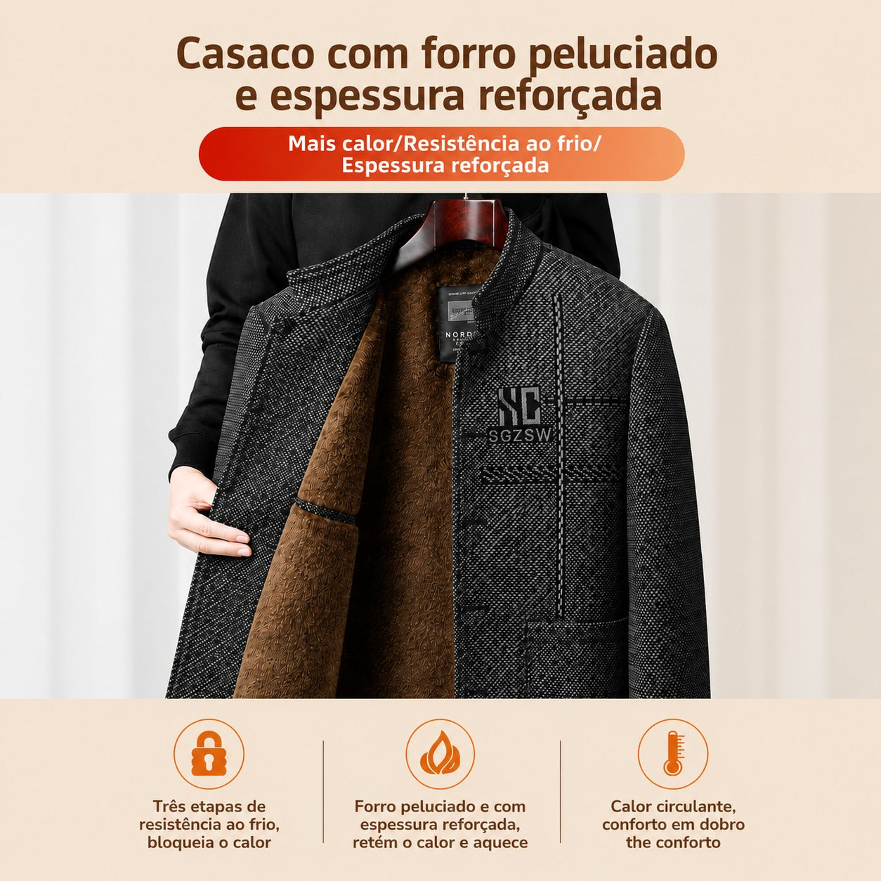 Casaco Cedrik™ com Forro Peluciado, Gola Estruturada e Tecido Texturizado