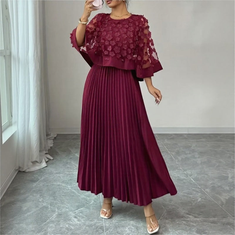 Vestido Rosmara™ de Efeito 2 em 1, com Com Tule Floral 3D e Saia Midi Plissada